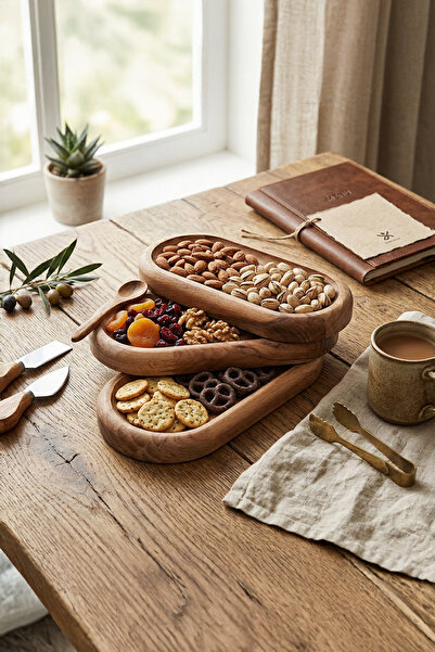 WOODENZ AHŞAP ATOLYESİ 3’lü El Yapımı Ahşap Çerezlik Seti – Doğal Ceviz Sunum...