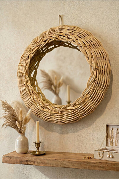 JUST BEST El Örmesi Rattan Duvar Aynası - Bohem Dekoratif Yuvarlak Ayna 23 cm