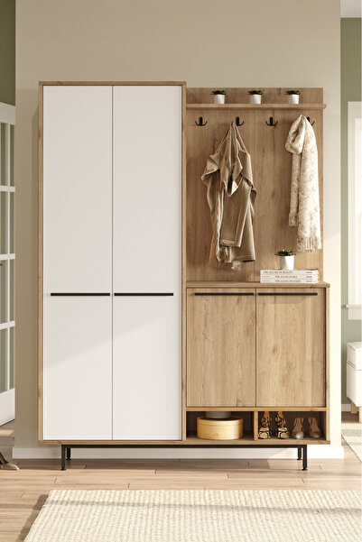 Yurudesign Oasis Portmanto Vestiyer Ayakkabılık Metal Ayaklı Sepet-Beyaz