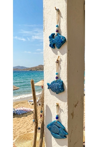Store Seramik Balık Duvar Süsü 3'lü Nazar Boncuklu Dekoratif Askılı Balık Set...