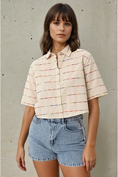 soi fashion Renkli Salaş Keten Crop Gömlek