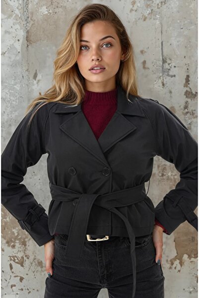 soi fashion Κοντό παλτό με φύλλο ύφασμα με ζώνη μαύρο