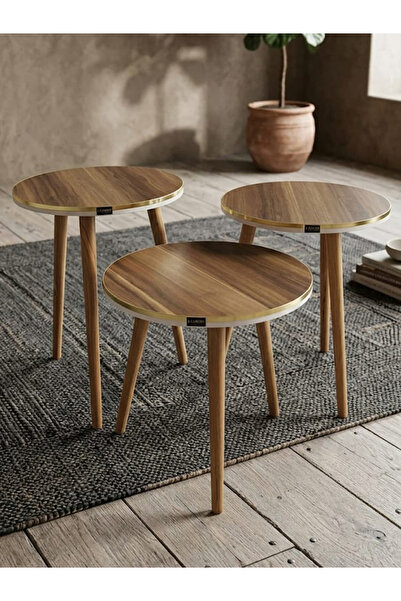 TrentonGCC طقم من 3 طاولات خشبية متداخلة بحواف ذهبية، طاولة قهوة جانبية عصرية...