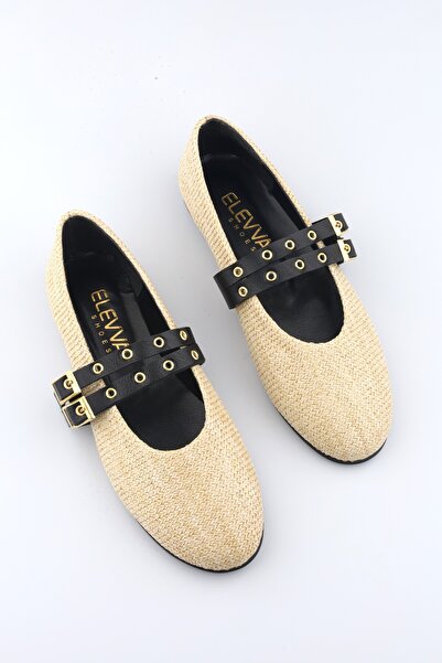 moon glow Kadın Hasır Babet Çift Tokalı Siyah Bantlı Gold Detaylı Günlük Şık ...