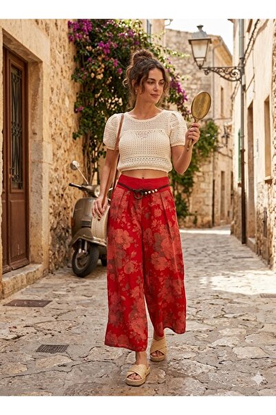 AYASOFYA OTANTIK Γυναικείο ιταλικό λινό παντελόνι με σχέδιο κόκκινο τριαντάφυ...
