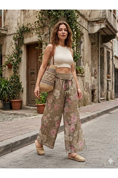 AYASOFYA OTANTIK Women's Italian Mink Rose Patterned Wide-Legged Linen Trouse...