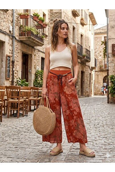 AYASOFYA OTANTIK Pantaloni de damă din in, cu model italian de trandafiri, cu...