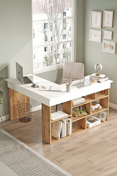 Yurudesign Tywin Kitaplık Raflı Çalışma Masası Çam-Beyaz