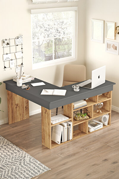 Yurudesign Tywin Kitaplık Raflı Çalışma Masası Çam-antrasit