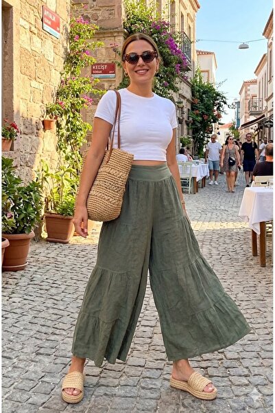 AYASOFYA OTANTIK بنطلون نسائي إيطالي كاكي بخصر مطاطي ونمط مسطح وأرجل واسعة من...