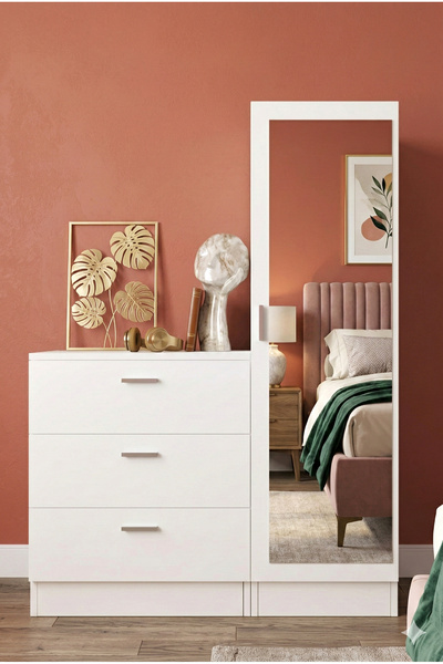 Yurudesign Nancy Aynalı Şifonyer Gardırop Beyaz