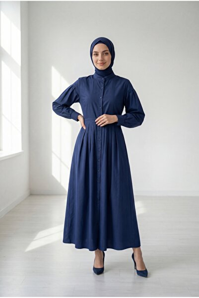 BENAHOLL Φόρεμα Ποπλίνας Nurhan με Κουμπιά και Τούνελ-NA2415 Ναυτικό Μπλε
