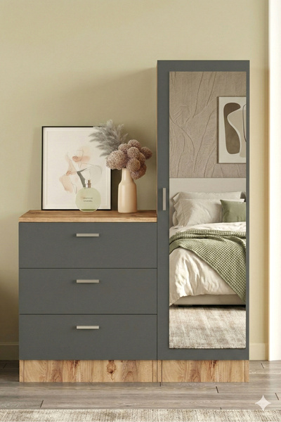 Yurudesign Nancy Aynalı Şifonyer Gardırop Çam-antrasit