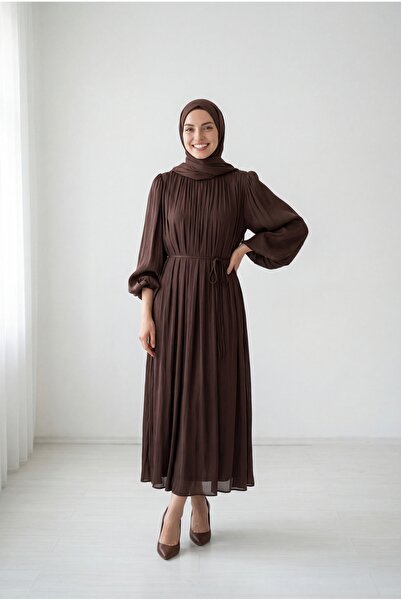 BENAHOLL فستان روفيدا بأكمام بالون ورباط مطاطي - EK730 بني