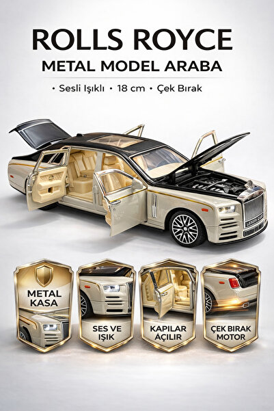 1:24 Çek Bırak Işıklı ve Sesli Metal Rolls Royce-Açılabilir Kapılar Sesli Işıklı Model Araba 18 cm