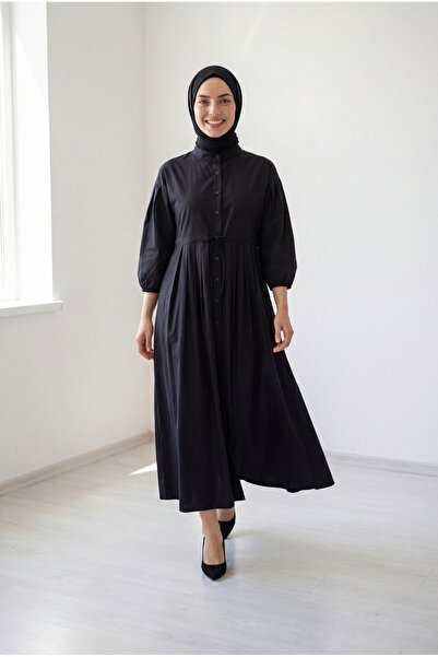 BENAHOLL Φόρεμα Ποπλίνας Nurhan με Κουμπιά και Τούνελ-NA2415 Μαύρο