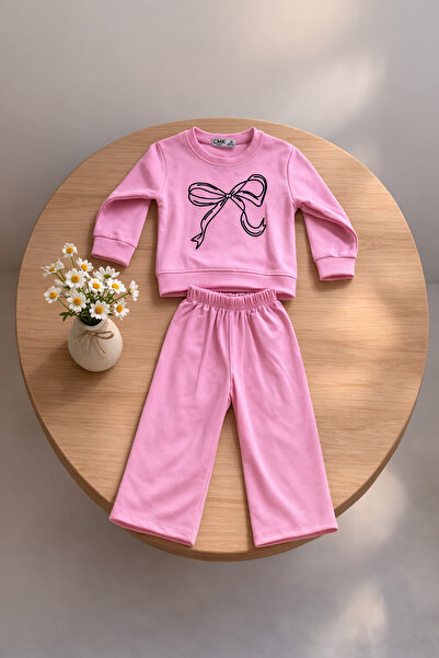 nazarbebe Set de trening roz cu fundă pentru fete cu imprimeu Set casual conf...