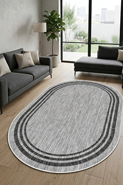 VOPTEKS Oval Gri Salon Halısı Makinede Yıkanabilir Halı Kaymaz Taban Halı