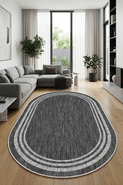 VOPTEKS Oval Antrasit Halı Salon Halısı Makinede Yıkanabilir Halı Kaymaz Taba...