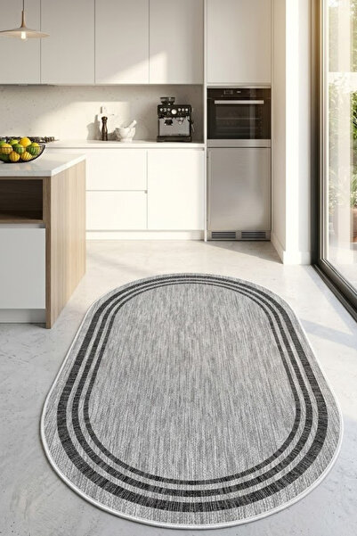VOPTEKS Oval Gri Halı Mutfak Halısı Makinede Yıkanabilir Halı Kaymaz Taban Halı