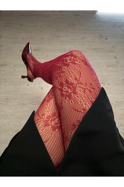 MATHILDA Kadın Kırmızı Çiçek Gül Desenli Külotlu Çorap