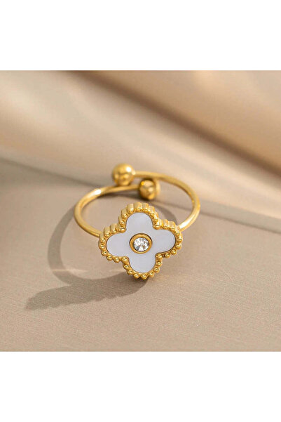 Pursehuit Inel auriu, reglabil, din oțel inoxidabil, formă de trifoi alb stil...