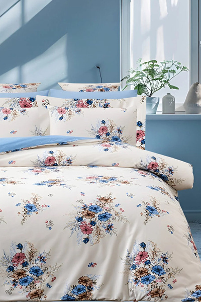İQON طقم غطاء لحاف مع ملاءة مطاطية لسرير فردي، لون أزرق باقة الزهور