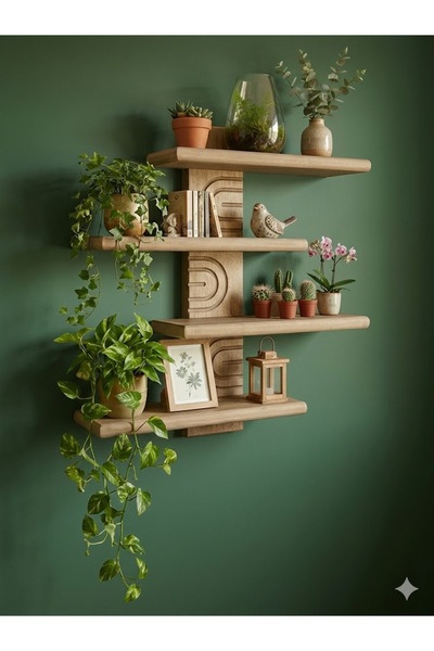 akçehome Asimetrik Bohem Ahşap Dekoratif Duvar Rafı 4 raflı