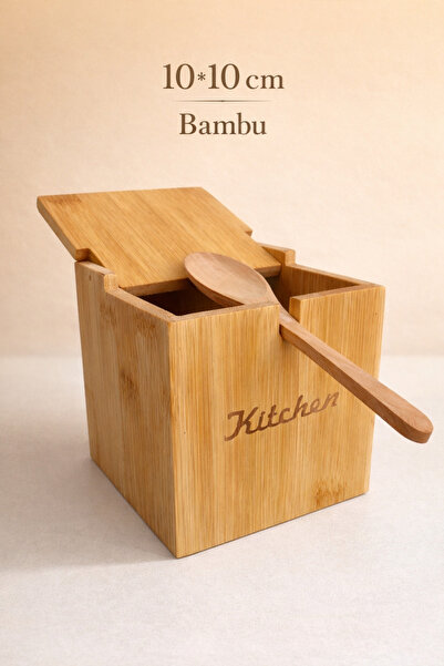 LİNGO HOME Bambu Kaşıklı Tuz Kabı- Baharatlık-12*12 cm