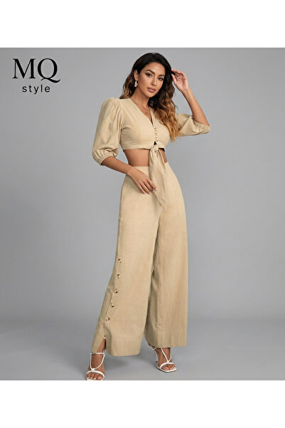 MQ طقم نسائي من قطعتين بنطلون أنيق مع بلوزة توب مكشوفة البطن