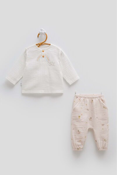 Caramell Jungle Friends Half-Parted Muslin Top and Bottom Set Gray
