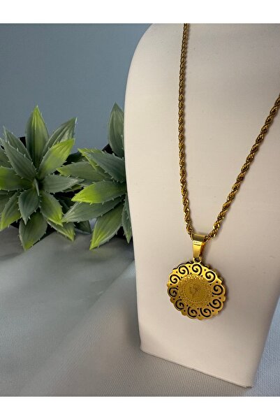 Çelik 22 Ayar Altın Görünümlü İşlemeli Madalyon Kolye –Günlük Kullanım-Alerji...