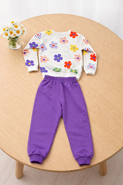 nazarbebe Baby Girl Floral Patterned Sweatshirt & Pink Sweatpants Set (1-4 Ye...