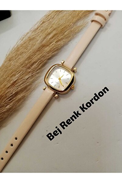 QUARTZ Marka Vintage Tasarım - Gold Renk Çelik Kasa - Minimal Model- Bej Renk...