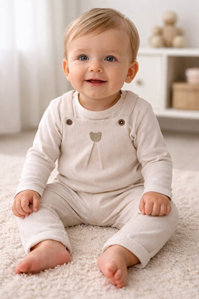 Tongs Bebek Unisex Krem Ayıcık Figürlü Ahşap Düğmeli Fitilli Viskon Salopet T...