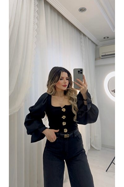 DENİZ Balon Kol Düğme Detaylı Modern Bluz