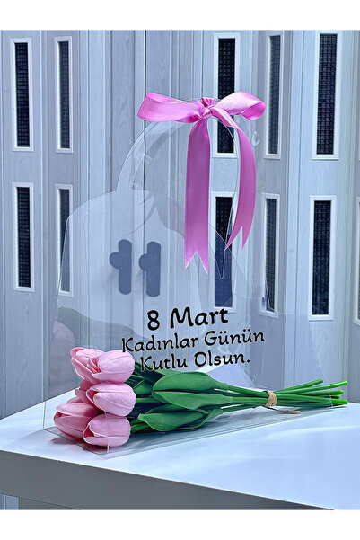 Zemtigo Yazılı Çantalı Islak Lale Buketi Yapay Çiçek Pembe Lale Sevgiliye Hed...