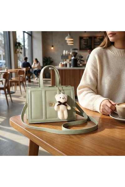 Moda Lime Geantă de damă cu ursuleț verde apă