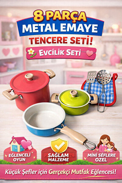YILDIRIM OYUNCAK 8 Parça Renkli Emaye Tencere Tava Seti-Evcilik Mutfak Tencer...