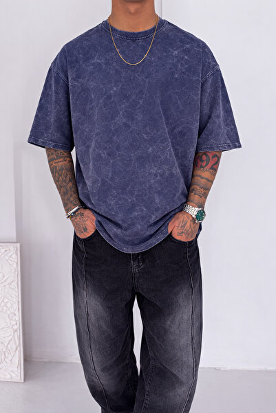 İLKCET MODA Λεπτομέρεια Πλύσης Μωβ oversized Unisex Βαμβακερό Μπλουζάκι