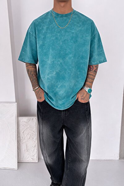 İLKCET MODA Μπλουζάκι Washed Detail Light Blue oversized Unisex από χτενισμέν...