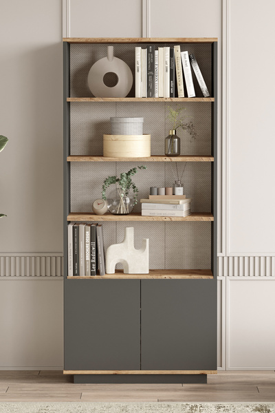 Yurudesign Future Kitaplık Raf 2 Kapaklı Raflı 168cm Çam-Antrasit FR16-AA