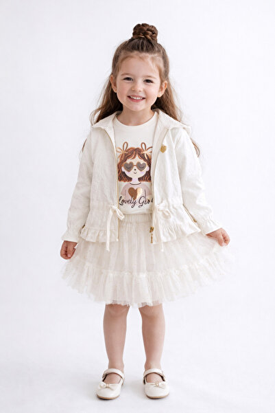 Cumino Luna Kız Çocuk Beyaz 3'lü Takım Tişört Ceket Tül Etek Kombin