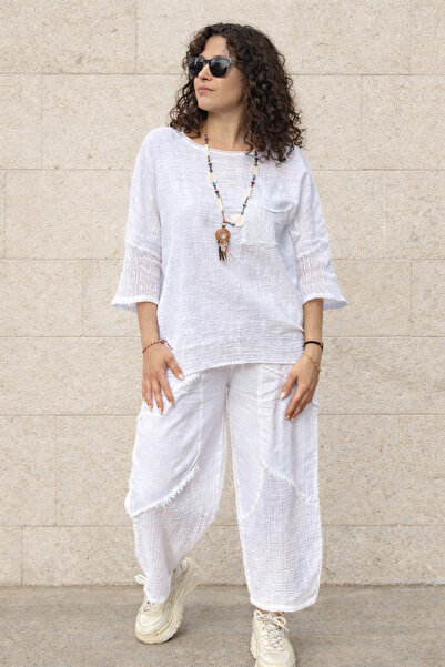 Genel Markalar Kadın Cepler Ve Bluz Kolları Fileli Püsküllü Keten Kombin