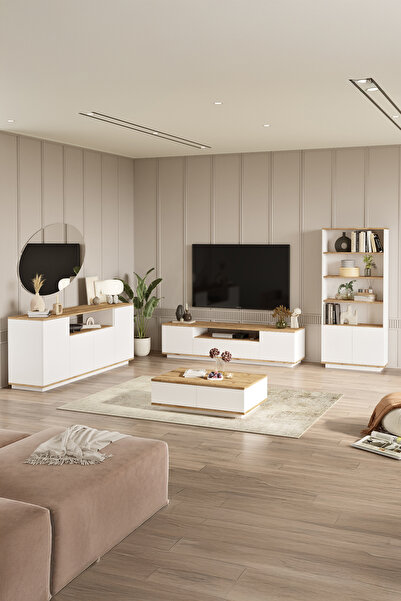 Yurudesign Future Tv Ünitesi Orta Sehpa Konsol Kitaplık 4'lü Set Çam-beyaz Fr...