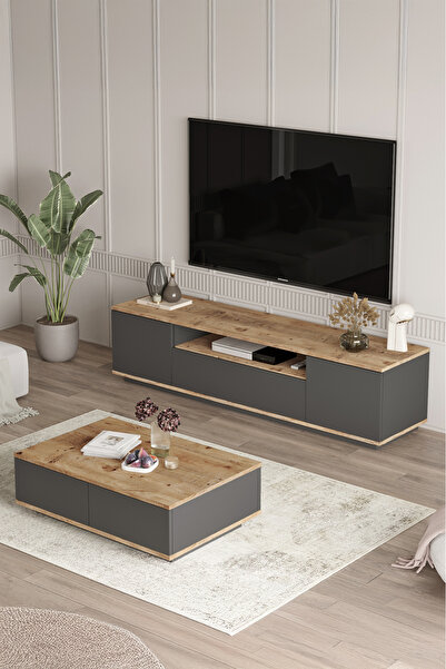 Yurudesign Future Tv Ünitesi Orta Sehpa 2'Li Set Çam-Antrasit FR17-AA