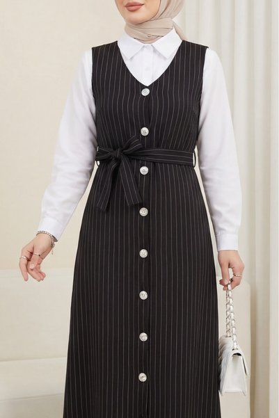Modamorfo Striped Gilet with Buttoned Belt - Black