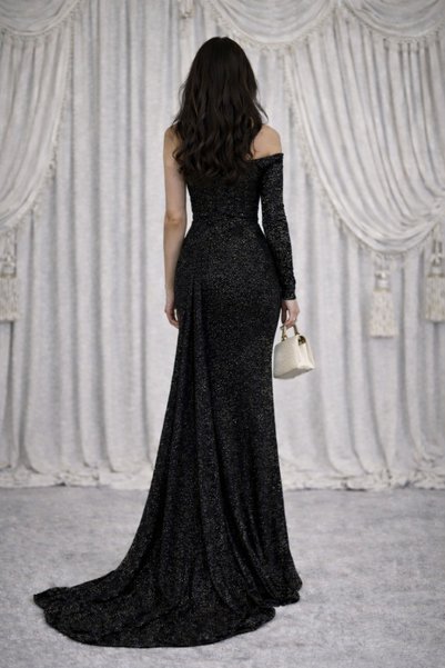 HESİODOS Evening Gown, Evening Dress Women's Dress, Graduation Dresses, Wedding Engagement Dresses, Black with Stones and Glittery