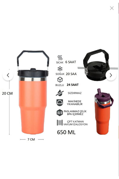 Globox Çelik Termos Pipetli ve Tutmalı Üst Kısmı Geniş 650 ML (TURUNCU)