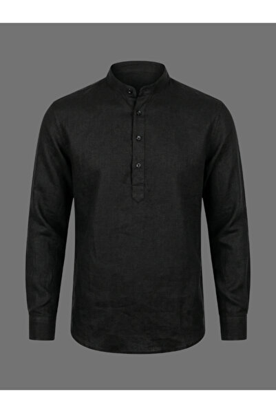 WAMOSSALAPLI Uzun Kollu Hakim Yaka Üç Düğmeli Keten Dar Kesim Siyah Gömlek